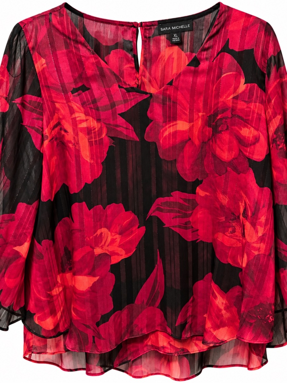 Sara Michelle Black Sheer Blouse with Red Floral Print